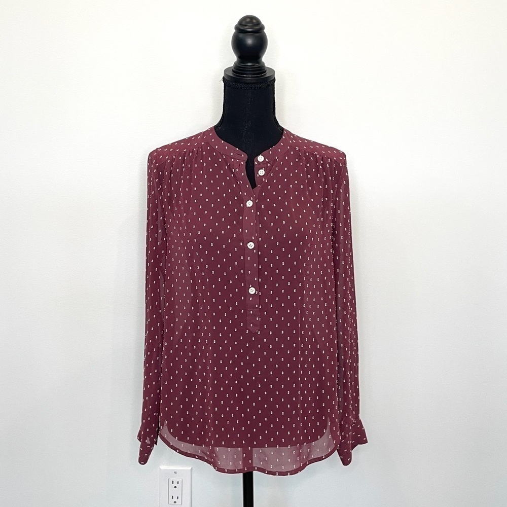 J. Crew Sheer Long Sleeve 3/4 Button Up Maroon Blouse